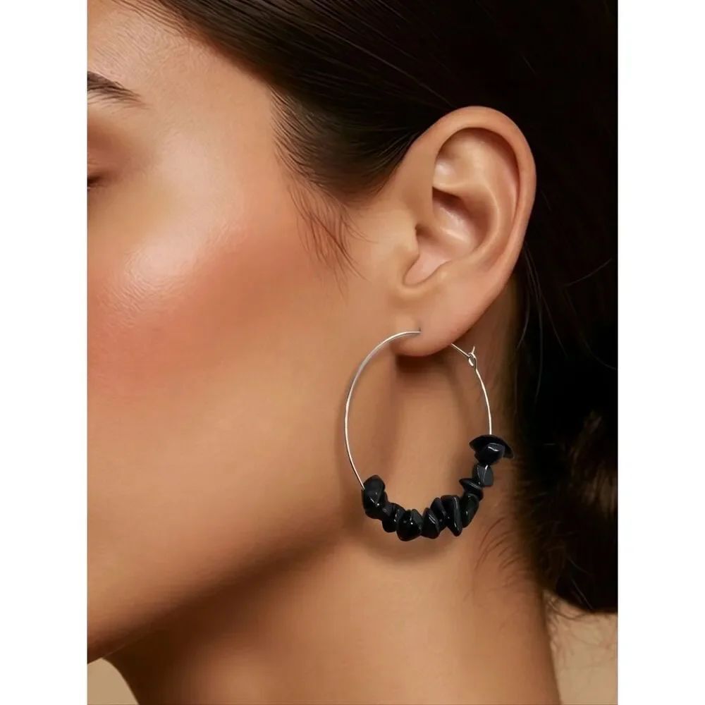 Black Onyx Chip Hoop Earrings Natural Stone Silver Boho Wire Beaded Jewelry Gift